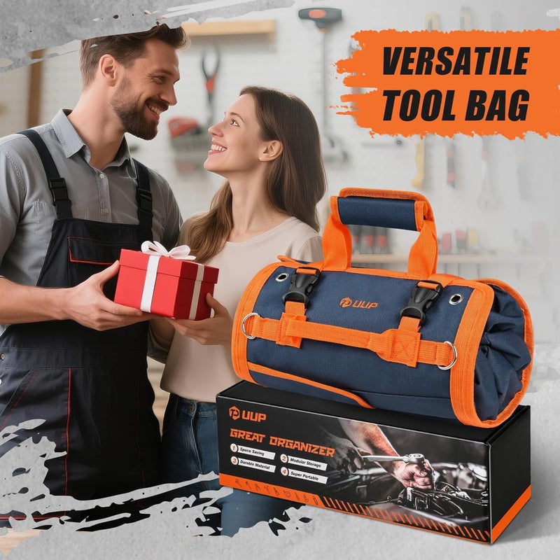 UUP Tool Bag Roll Up, Heavy Duty Rolled Empty Tool Storage Organization, Portable Foldable Rollup Organizer with 2 Small Pouches, Rollable Carrying Toolbag, Dad Men Mechanic Birthday Gift, Blue Orange - Image 4